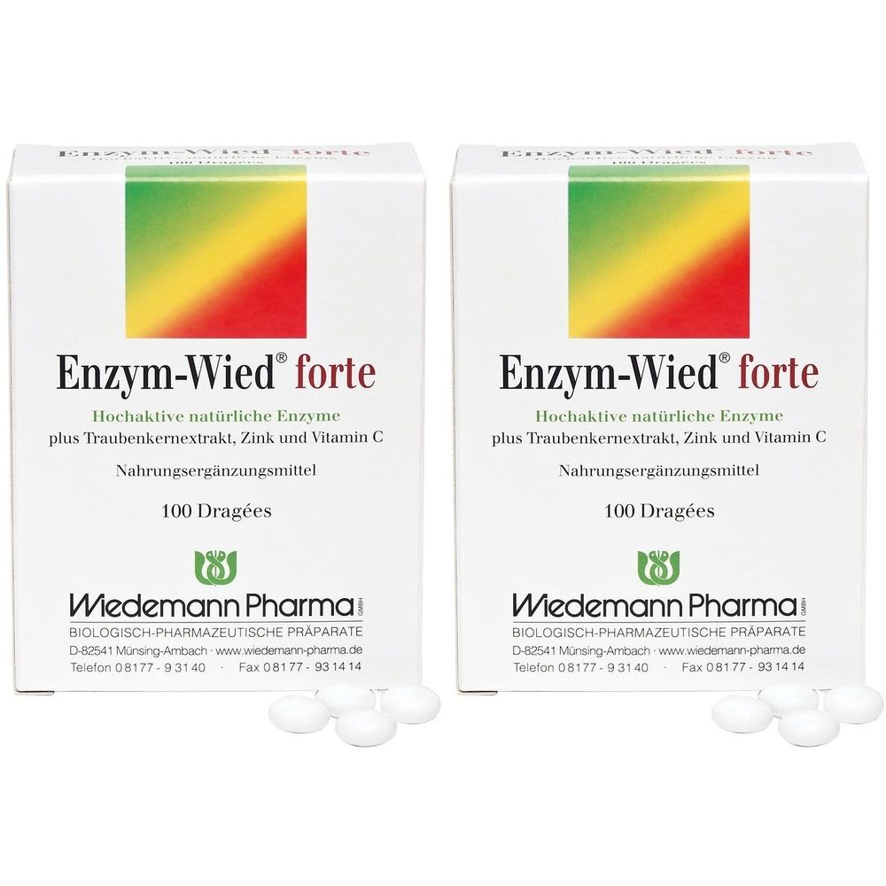 Zwei weiße Schachteln mit "Enzym-Wied forte" Aufschrift. Darunter Text und 100 Dragées. Weiße Tabletten liegen davor.