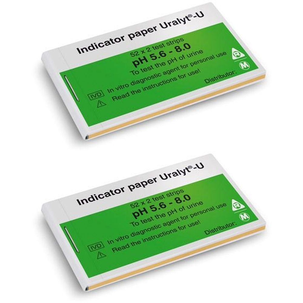 Zwei Packungen Indikatorpapier Uralyt®-U. Jede Packung mit grüner Beschriftung, Text: pH 5.6-8.0, 52 x 2 Teststreifen.