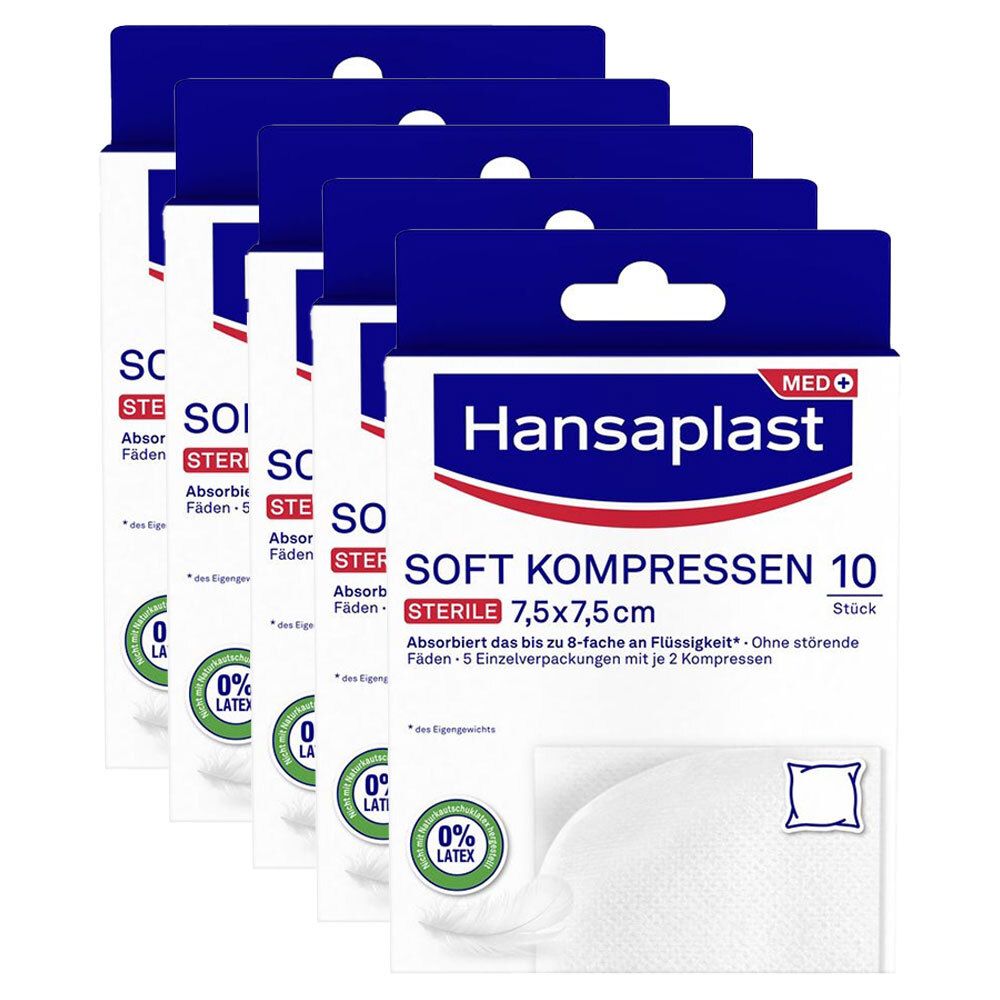 Mehrere Packungen Hansaplast Soft Kompressen. Blaue Verpackung mit weißem Text. Steril, 7,5x7,5 cm. 10 Stück. 0% Latex.