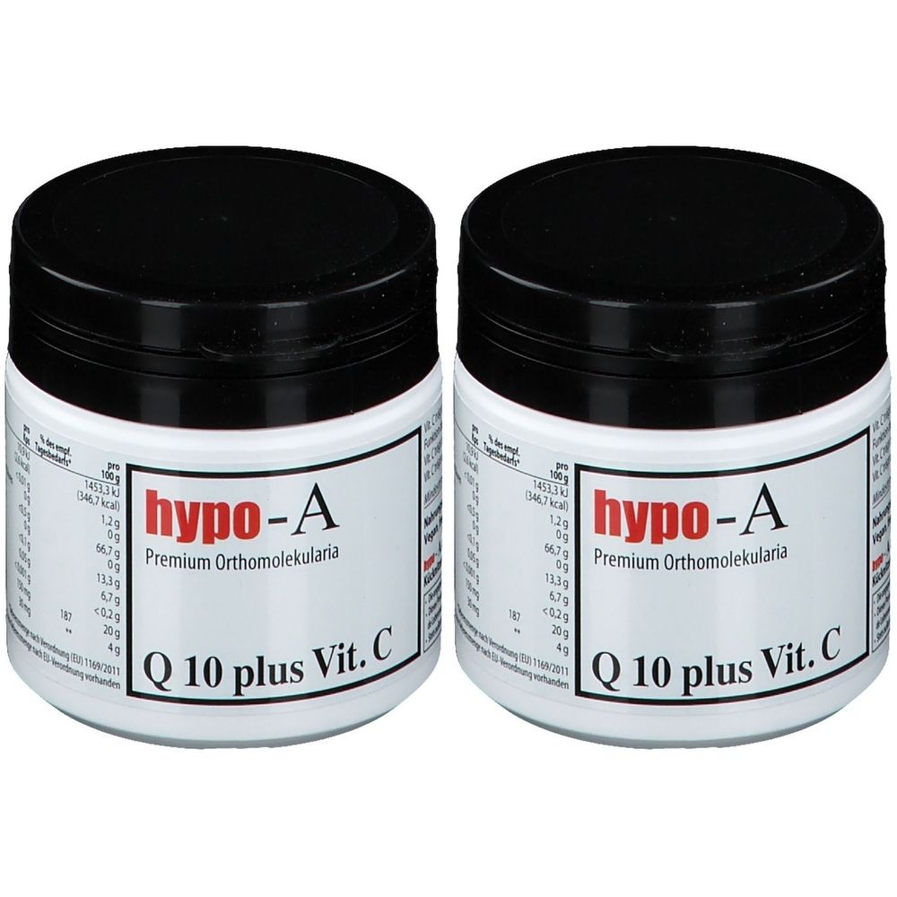 Zwei weiße Dosen mit schwarzen Deckeln. Auf den Etiketten steht "hypo-A Q 10 plus Vit. C".