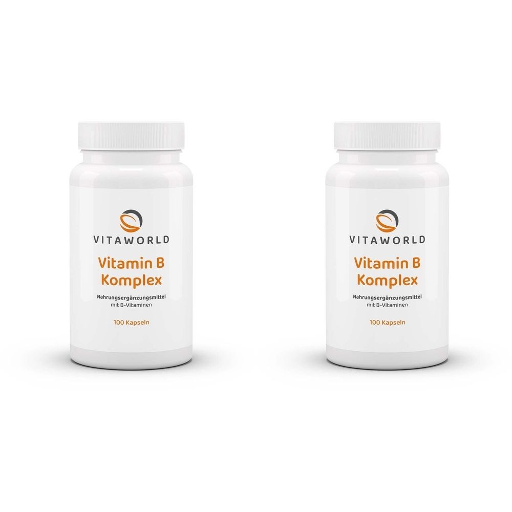 Zwei weiße Flaschen mit Schraubverschluss. Aufschrift: VITAWORLD, Vitamin B Komplex, 100 Kapseln.
