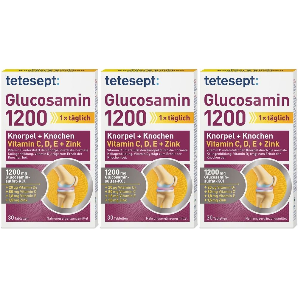 Drei Packungen tetesept Glucosamin 1200. Aufschrift: Knorpel + Knochen, Vitamin C, D, E + Zink. Jede Packung enthält 30 Tabletten.