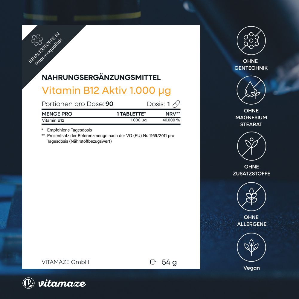 Verpackung mit Produktinformationen. Text: Nahrungsergänzungsmittel, Vitamin B12 Aktiv 1.000 µg, 90 Portionen, 1 Tablette, vegan, ohne Gentechnik.