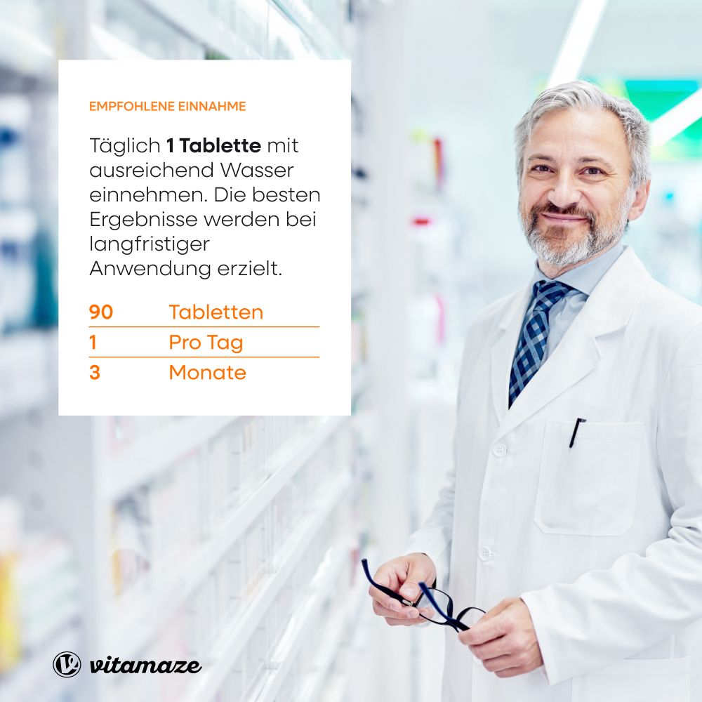 Arzt in weißem Kittel. Text: Empfohlene Einnahme: Täglich 1 Tablette mit Wasser. 90 Tabletten, 1 pro Tag, 3 Monate.