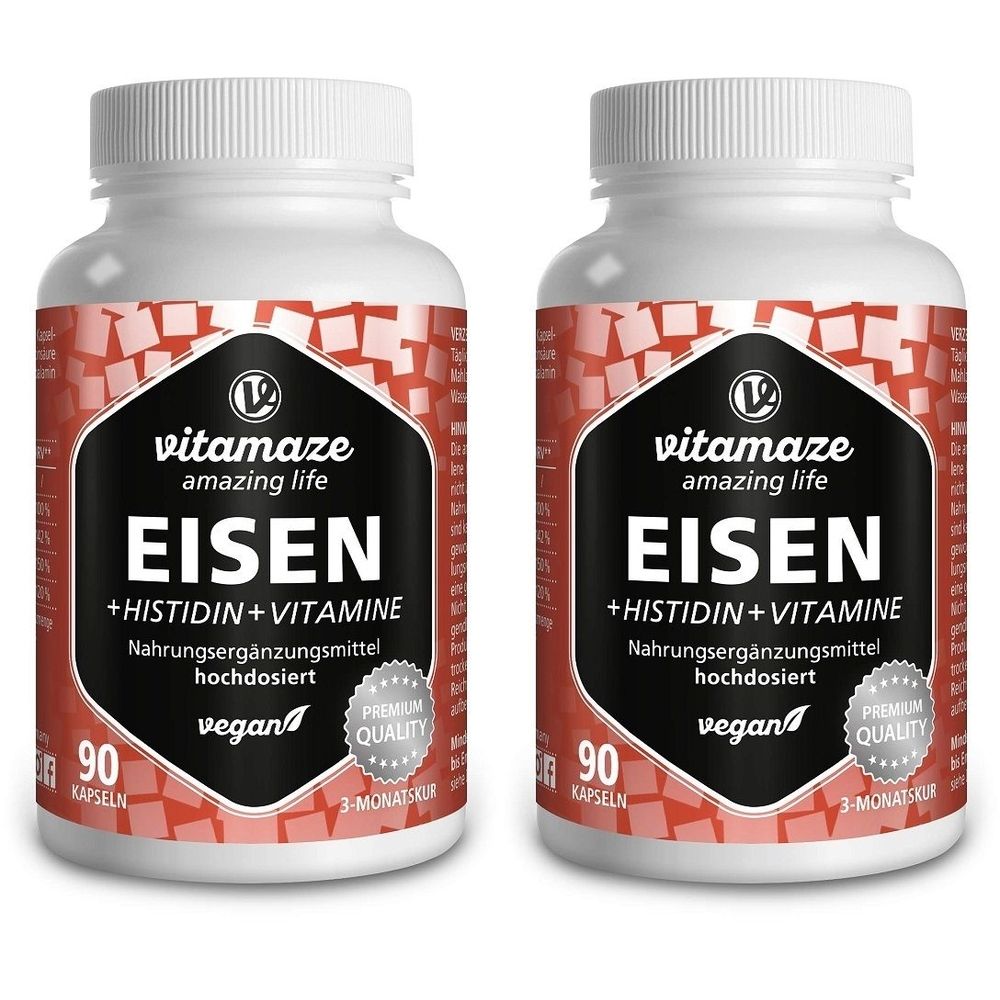 Zwei weiße Flaschen mit Kapseln. Auf dem Etikett steht "Vitamaze EISEN + Histidin + Vitamine". 90 Kapseln, vegan, Premium Quality.