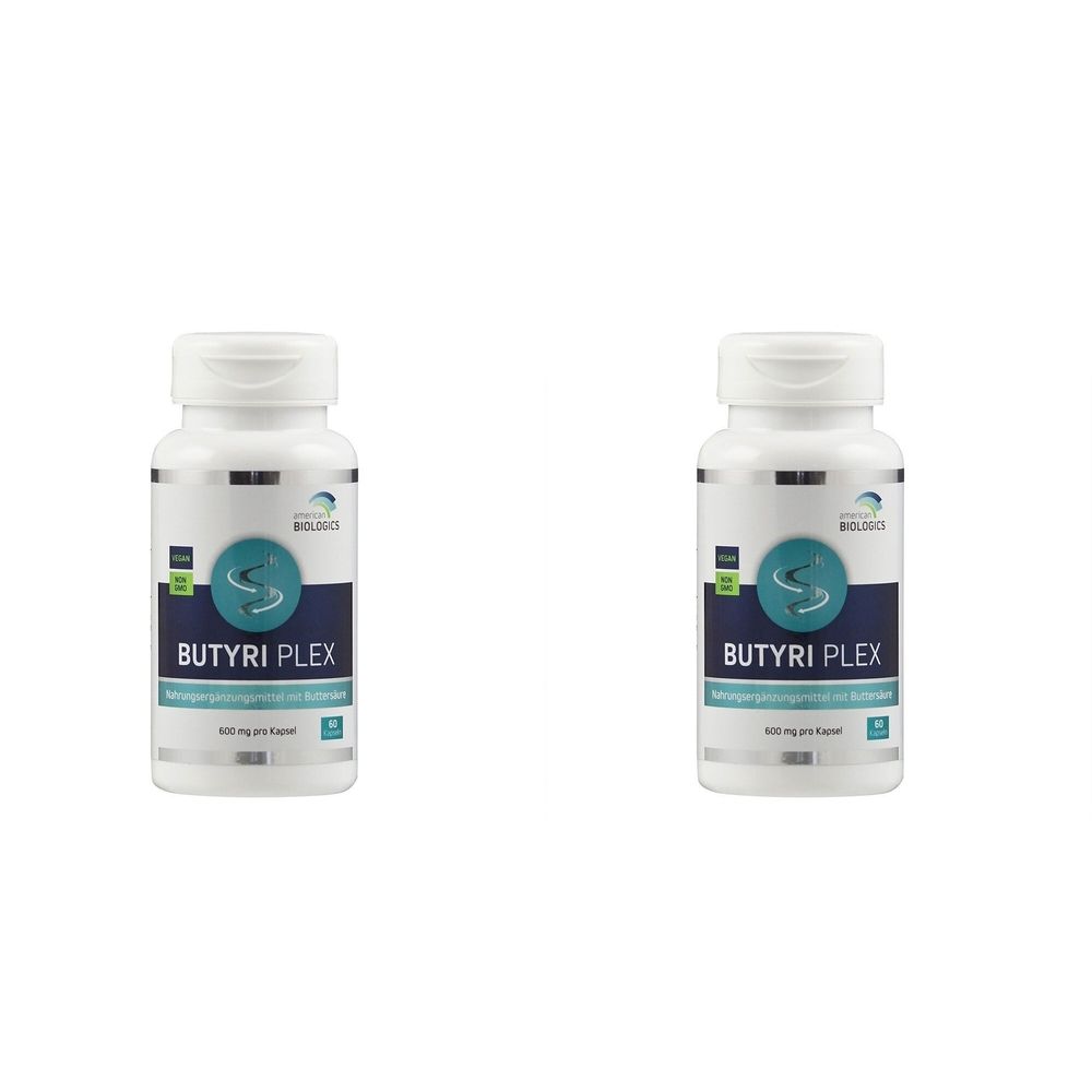 Zwei weiße Flaschen mit Kapseln. Aufschrift Butyri Plex. Blaue und grüne Etiketten. Weiße Deckel.