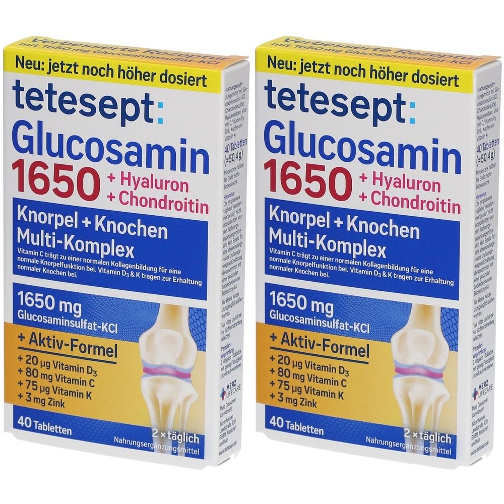 Zwei Schachteln tetesept Glucosamin 1650 Filmtabletten. Aufschrift: Knorpel + Knochen Multi-Komplex, 40 Tabletten, 1650 mg Glucosaminsulfat-KCl.