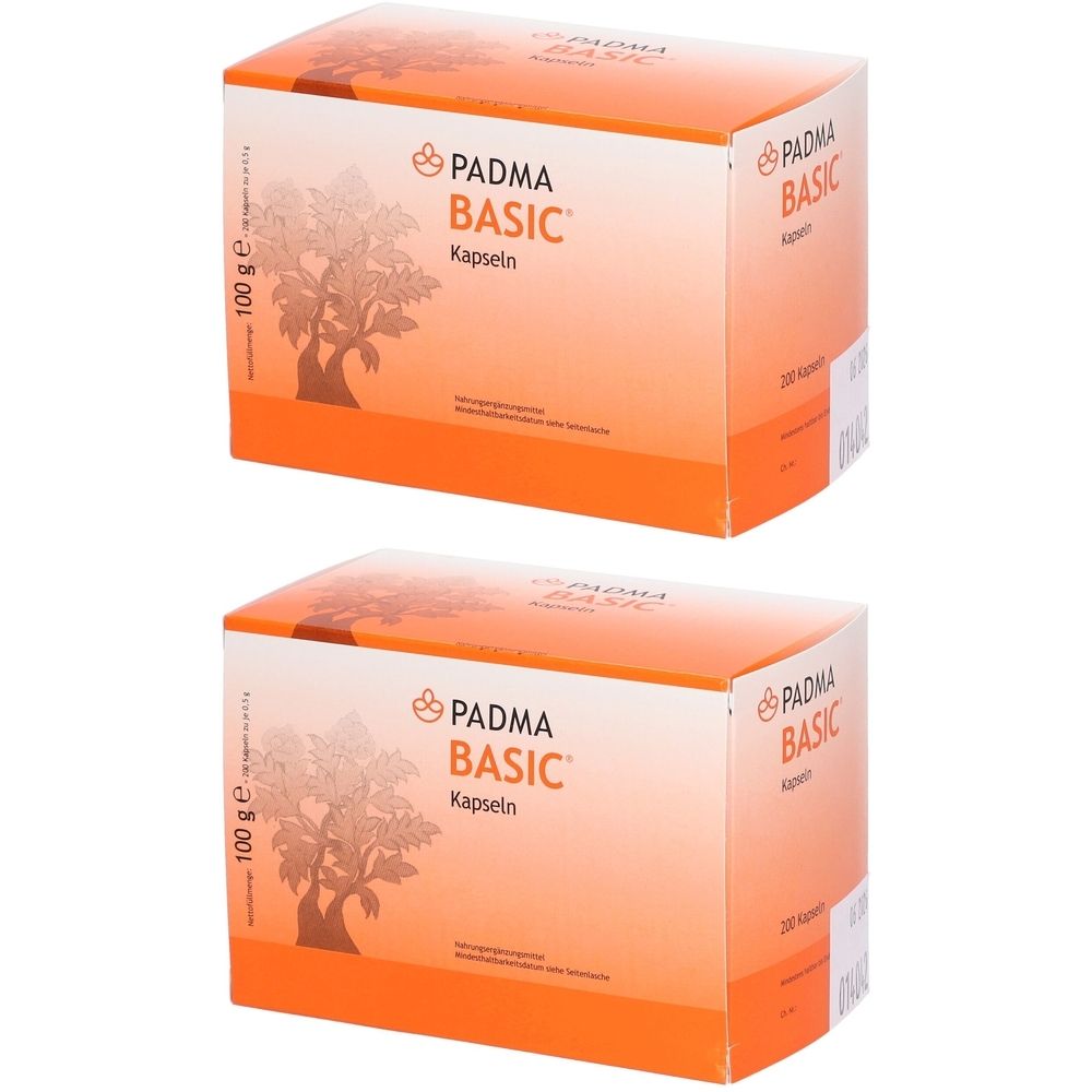 Zwei orangefarbene Kartons mit der Aufschrift PADMA BASIC Kapseln. Aufdruck: 100 g, 120 Kapseln.