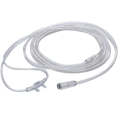 Transparenter Sauerstoffschlauch mit Nasenkanüle und Anschlussstück. Der Schlauch ist gewellt.