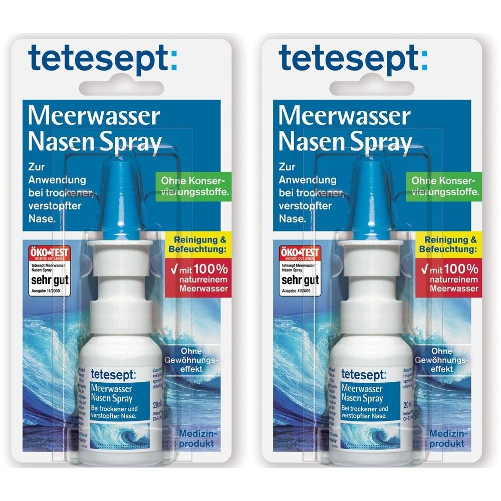 Zwei Nasenspray-Packungen. Weißes Fläschchen mit blauem Sprühkopf. Aufschrift: Meerwasser Nasen Spray. ÖKO-TEST Siegel.