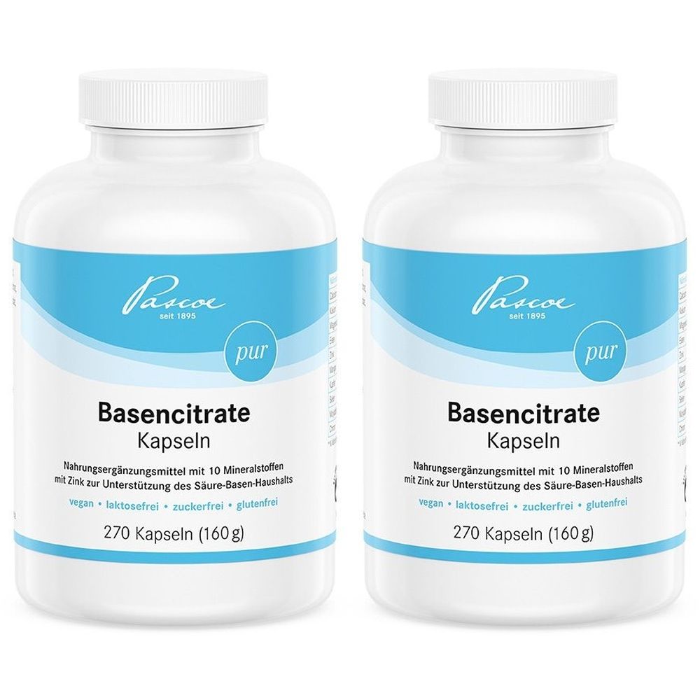 Zwei weiße Flaschen mit blauen Etiketten. Aufschrift: Basencitrate Kapseln, 270 Kapseln. Marke: Pascoe. Zusatz: vegan, laktosefrei, zuckerfrei, glutenfrei.