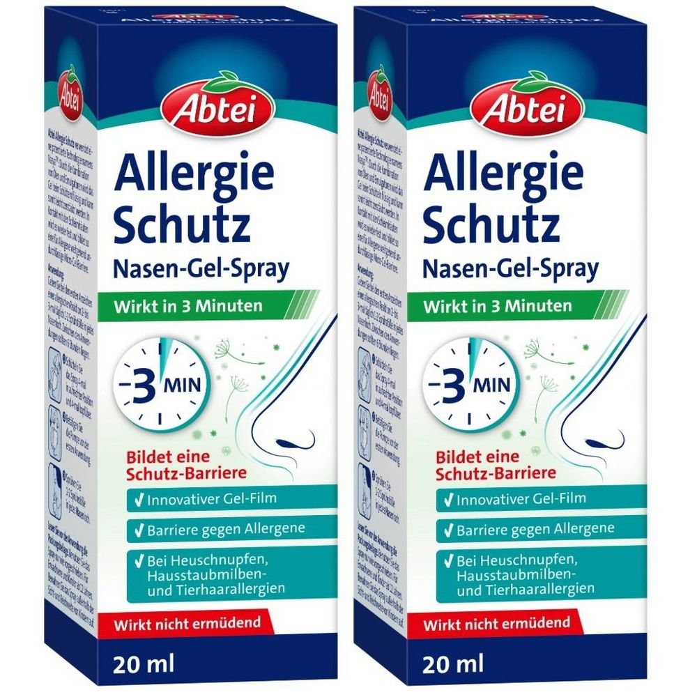 Zwei Packungen Abtei Allergie Schutz Nasen-Gel-Spray. Blaue und weiße Verpackung mit Produktinformationen und Logo.