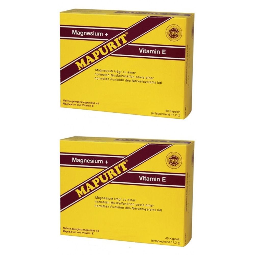 Zwei gelbe Schachteln mit der Aufschrift MAPURIT, Magnesium + Vitamin E. Text in deutscher Sprache. 40 Kapseln.