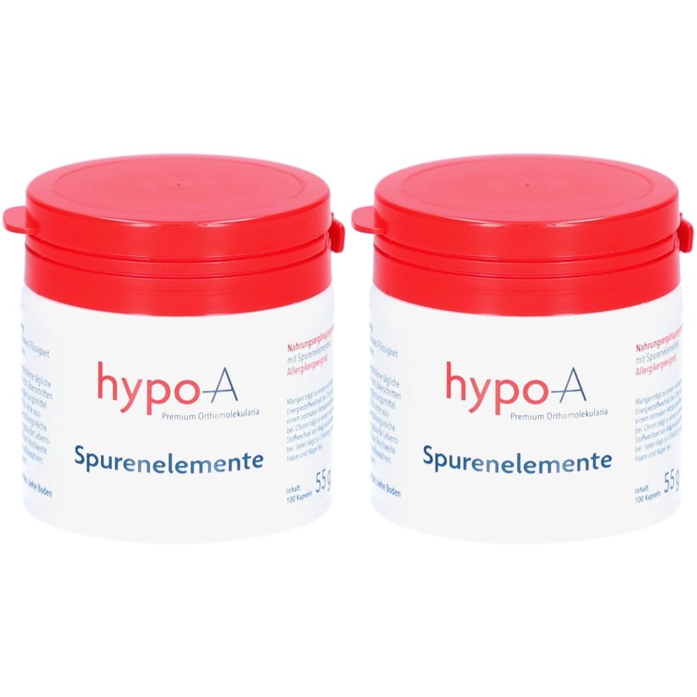 Zwei weiße Dosen mit rotem Deckel. Aufschrift "hypo-A Spurenelemente".