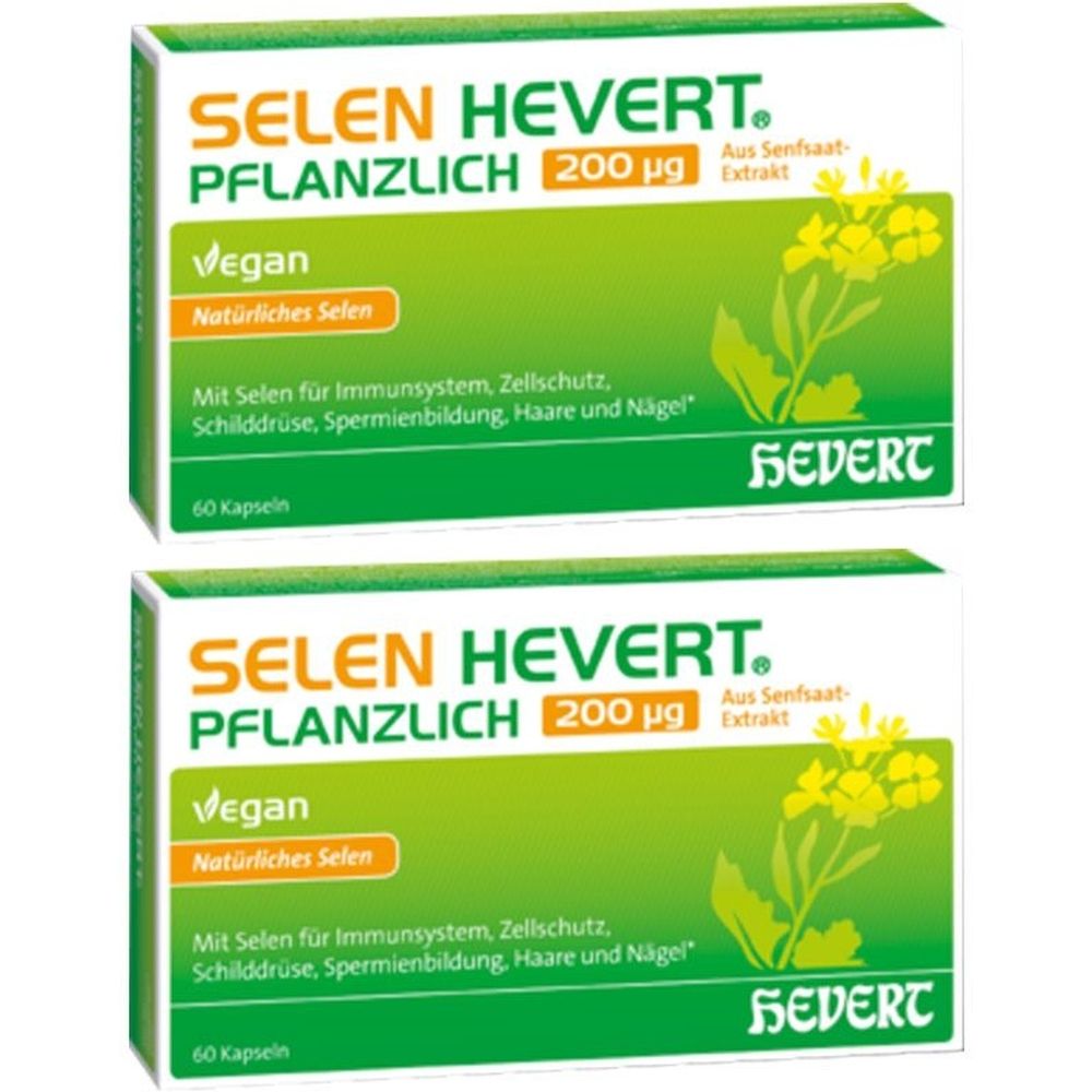 Zwei Schachteln Selen Hevert Pflanzlich 200 µg. Aufschrift: Vegan, Natürliches Selen. Enthält 60 Kapseln. Mit floraler Illustration und HEVERT Logo.