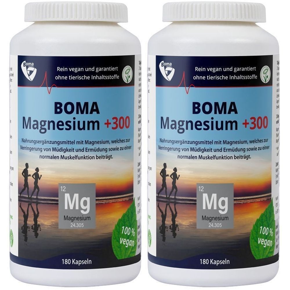 Zwei weiße Flaschen mit Etiketten. Aufschrift: BOMA Magnesium +300. Vegan-Siegel. 180 Kapseln.