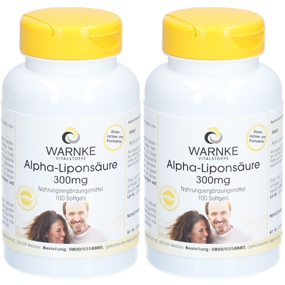 Zwei weiße Flaschen mit gelben Deckeln. Aufschrift: WARNKE Alpha-Liponsäure 300mg, Nahrungsergänzungsmittel. Abbildung eines Paares.