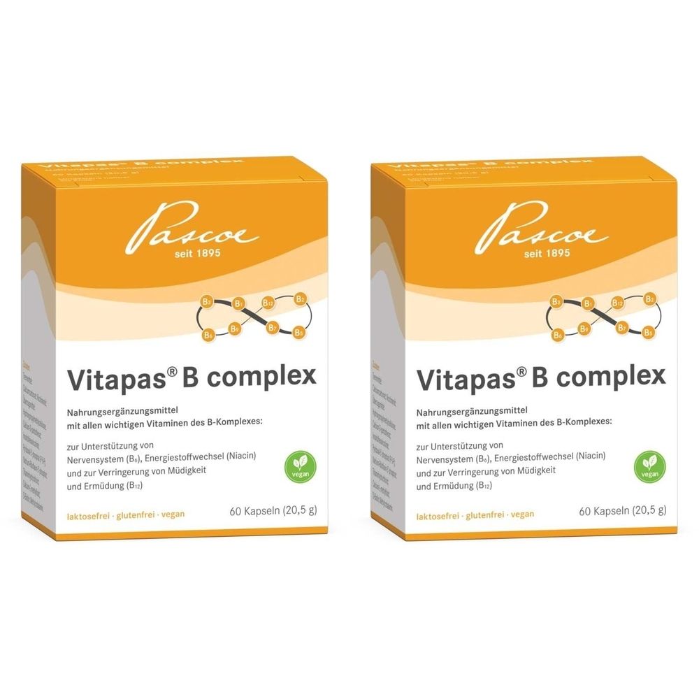 Zwei Schachteln Vitapas® B complex. Orangefarbene Verpackung mit Produktnamen und Logo. Enthält 60 Kapseln. Vegan-Siegel.