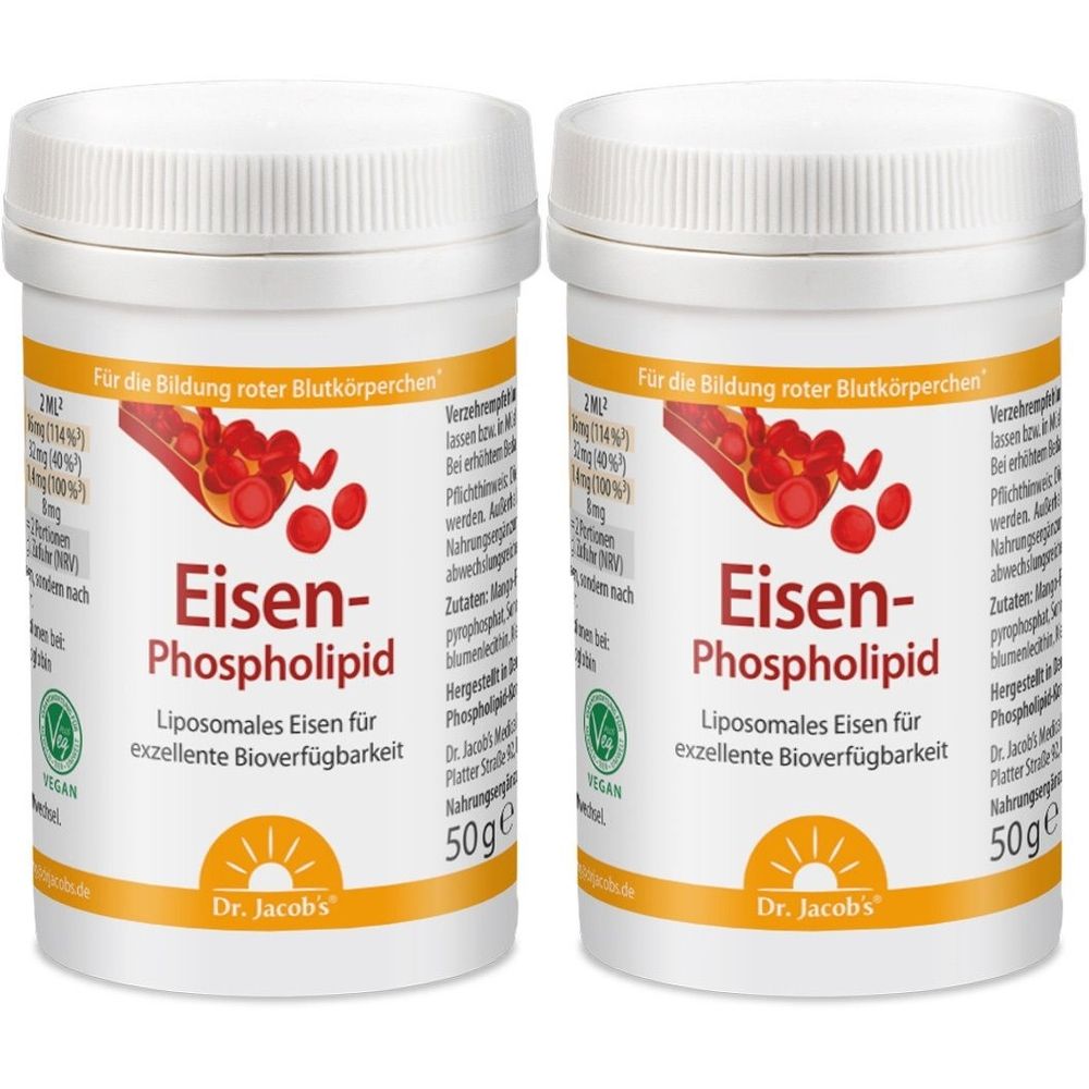 Zwei weiße Dosen Dr. Jacob's Eisen-Phospholipid. Aufschrift: Liposomales Eisen, 50g, vegan. Abbildung roter Blutkörperchen.