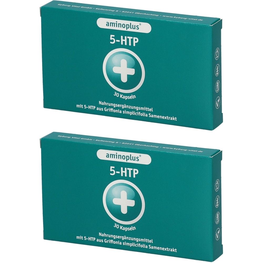 Zwei grüne Schachteln mit der Aufschrift "aminoplus 5-HTP". Jede Schachtel hat ein weißes Kreuz-Symbol und die Aufschrift "30 Kapseln".