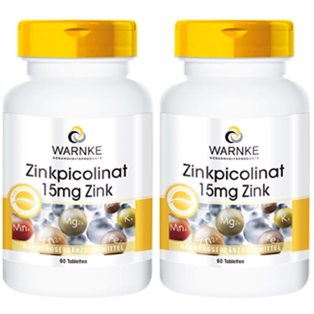Zwei weiße Flaschen mit gelben Deckeln. Aufschrift: Zinkpicolinat 15mg Zink. Marke: WARNKE. Enthält 60 Tabletten.
