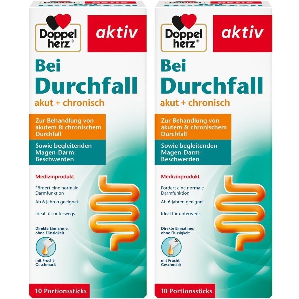 Zwei Packungen mit "Doppelherz aktiv Bei Durchfall"-Sticks. Aufschrift: akut + chronisch, 10 Portionssticks. Medizinprodukt.