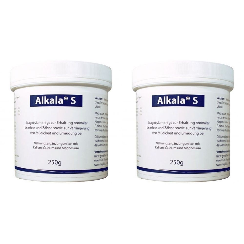 Zwei weiße Dosen mit blauem Etikett. Auf dem Etikett steht "Alkala® S" und Text über Magnesium. Unten steht "250g".