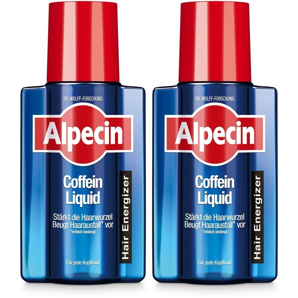Zwei blaue Flaschen mit rotem Verschluss. Aufschrift: Alpecin Coffein Liquid. Text: Stärkt die Haarwurzel, beugt Haarausfall vor. Hair Energizer.