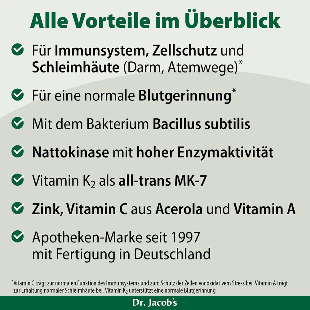 Übersicht der Vorteile von Dr. Jacob's Produkten für Immunsystem, Blutgerinnung und mehr. Mit Bacillus subtilis, Nattokinase, Vitamin K2, Zink, Vitamin C.