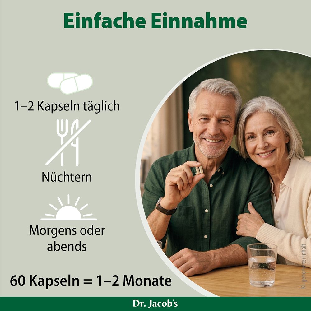 Älteres Paar hält eine Kapsel. Hinweise zur Einnahme: 1-2 Kapseln täglich, nüchtern, morgens oder abends.