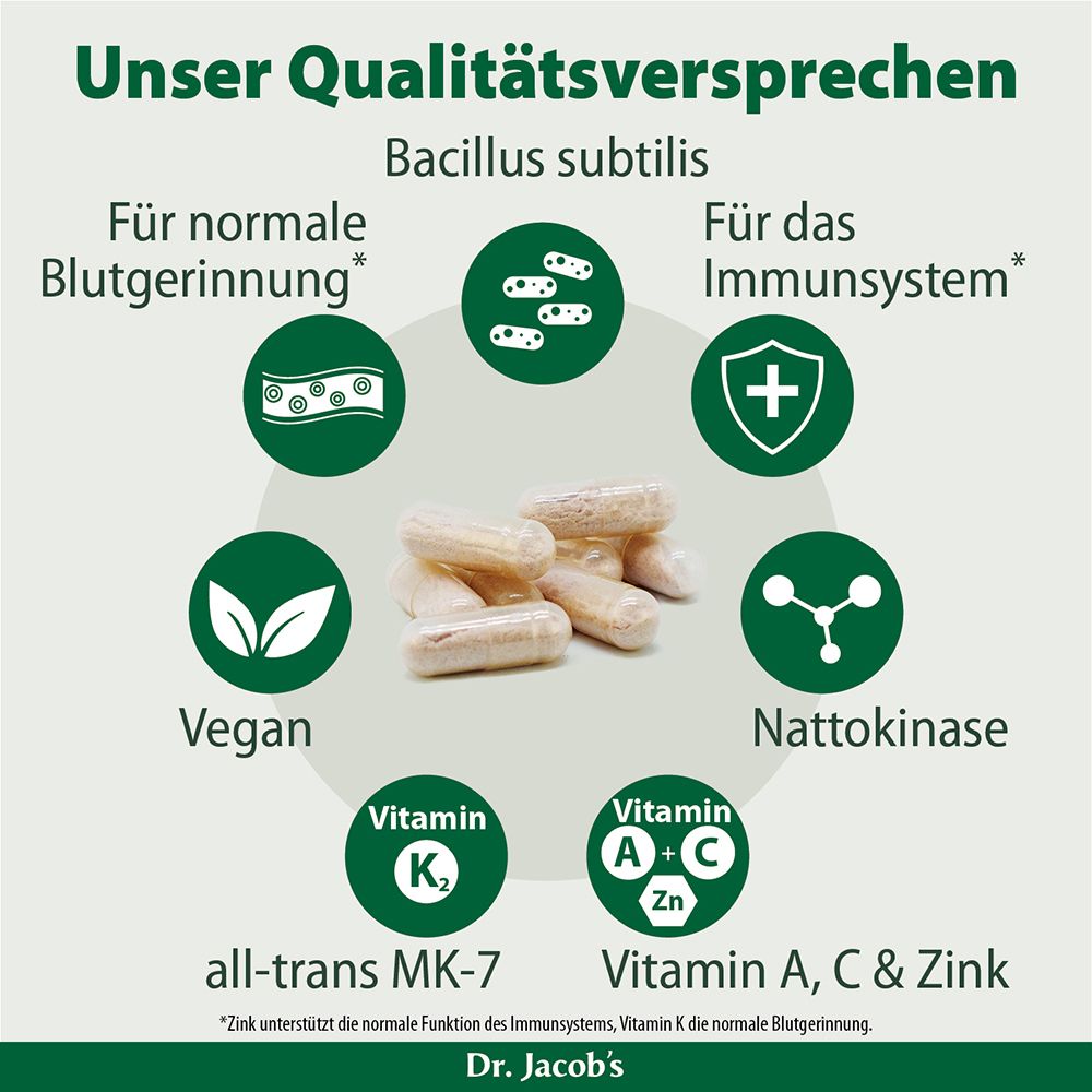 Kapseln mit Bacillus subtilis, Vitamin K2, Vitamin A, C & Zink, Nattokinase. Für Immunsystem und normale Blutgerinnung. Vegan.