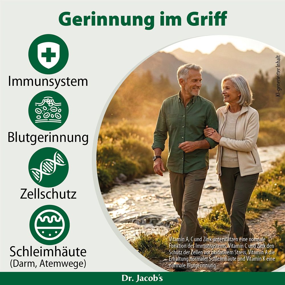 Älteres Paar spaziert im Sonnenuntergang, Symbole für Immunsystem, Blutgerinnung, Zellschutz, Schleimhäute.