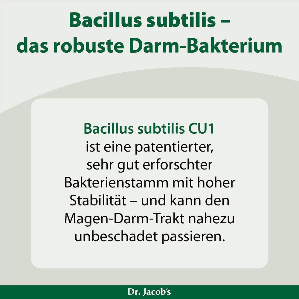 Text: 'Bacillus subtilis - das robuste Darm-Bakterium'. Darunter: 'Bacillus subtilis CU1 ist ein patentierter, sehr gut erforschter Bakterienstamm mit hoher Stabilität – und kann den Magen-Darm-Trakt nahezu unbeschadet passieren.'
