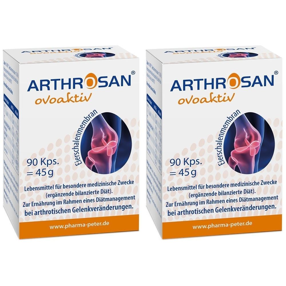 Zwei Kartons Arthrosan ovoaktiv. Aufdruck: 90 Kps. = 45g, Eierschalenmembran, Text. www.pharma-peter.de. Abbildung eines Kniegelenks.