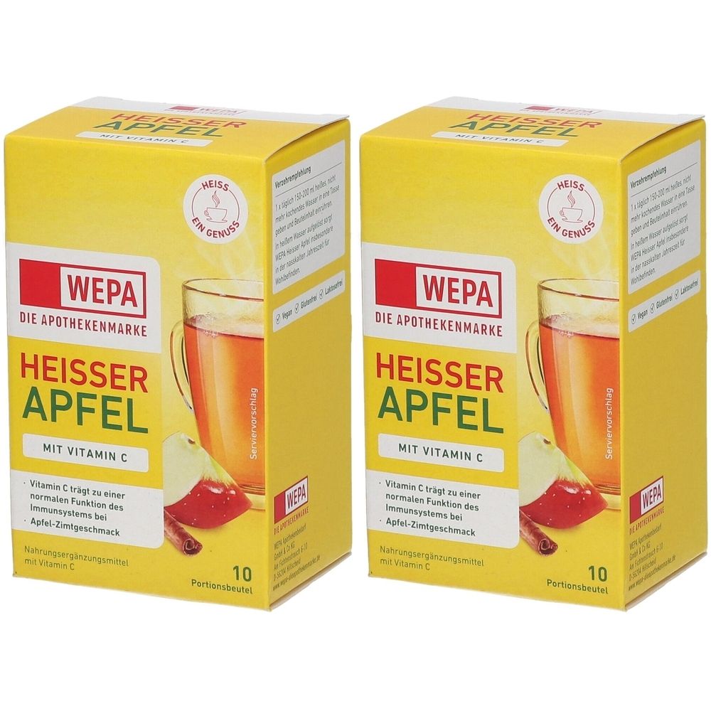 Zwei gelbe Kartons mit "WEPA Heißer Apfel" Aufdruck. Abbildung eines Getränks mit Apfel und Zimt. 10 Portionsbeutel.