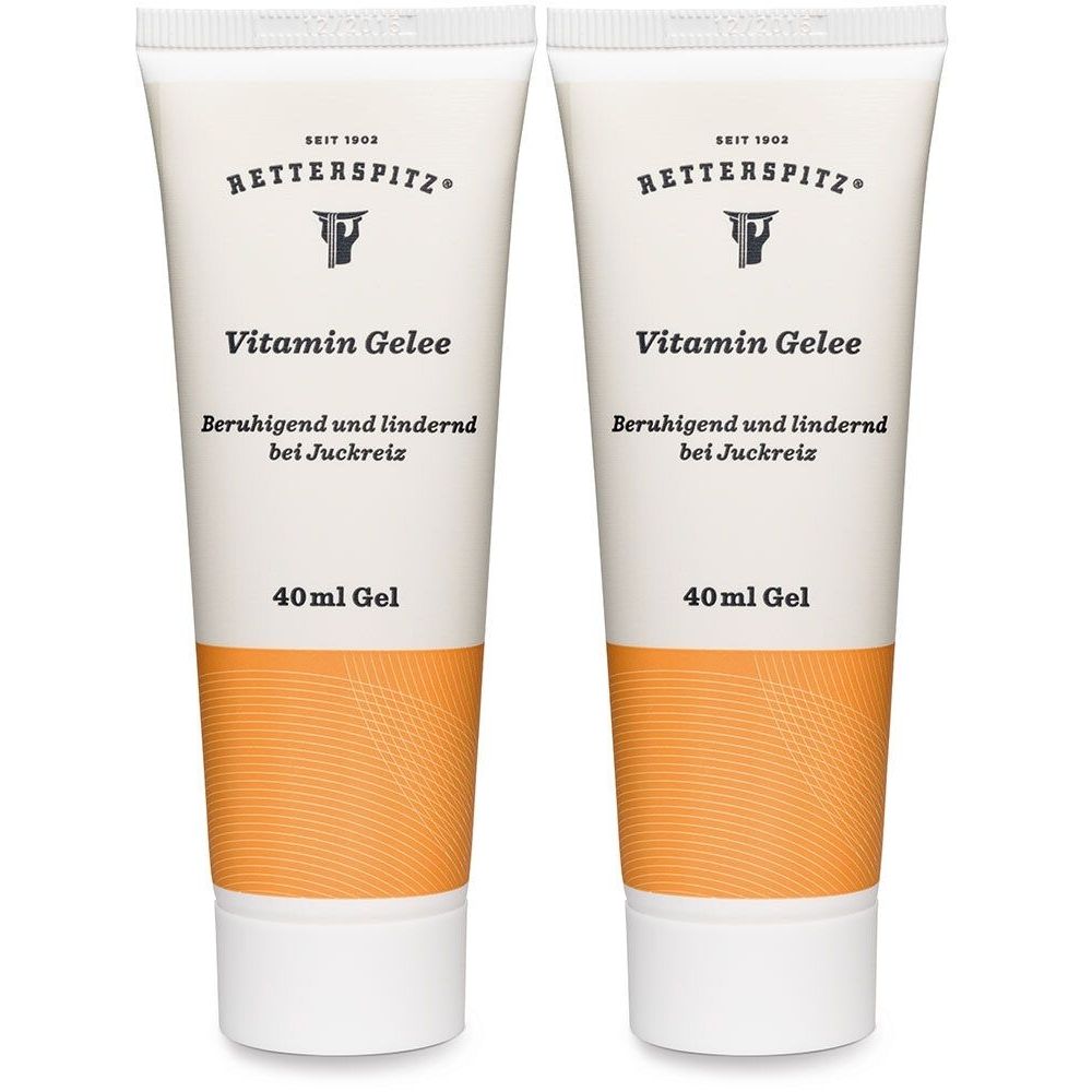 Zwei Tuben Vitamin Gelee. Weiße Tuben mit orangefarbenem Streifen. Aufschrift: RETTERSPITZ, Vitamin Gelee, 40ml Gel.