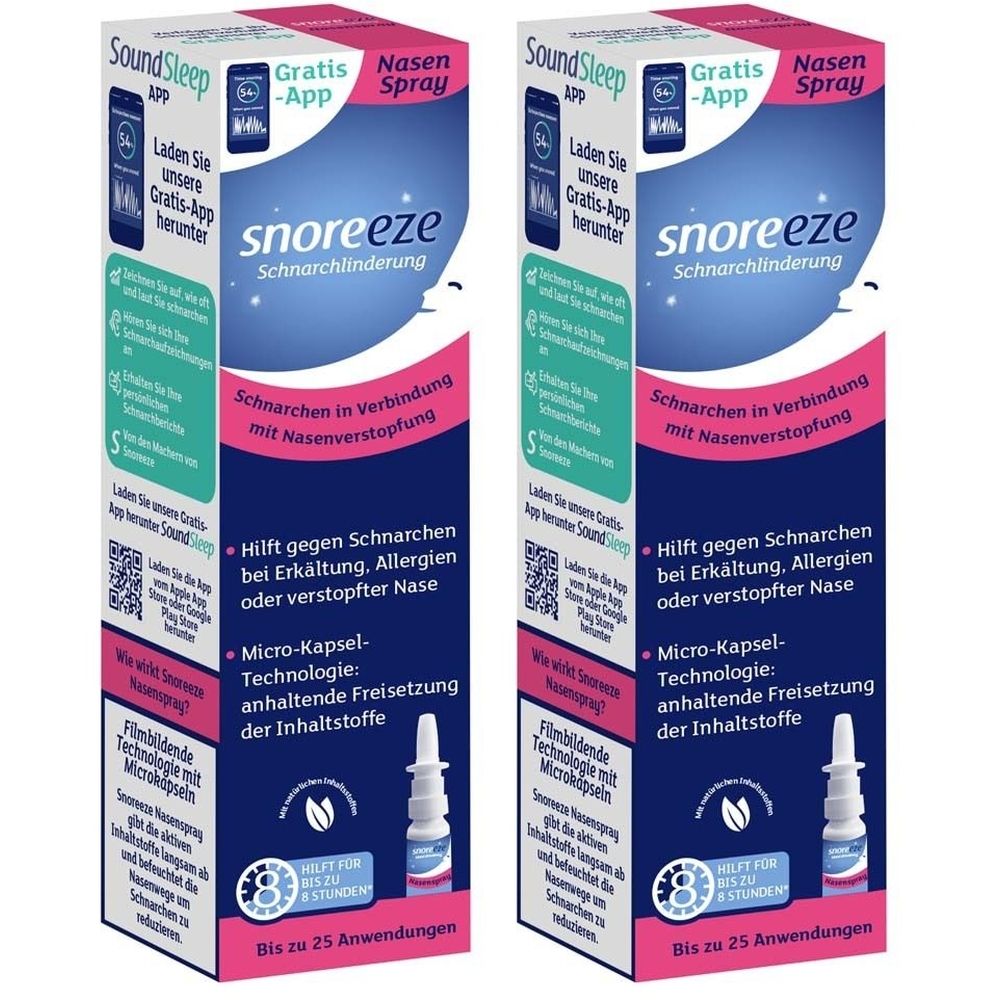 Zwei Packungen Nasenspray. Aufschrift: Snoreeze Schnarchlinderung. Hilft gegen Schnarchen. Enthält App-Hinweis.