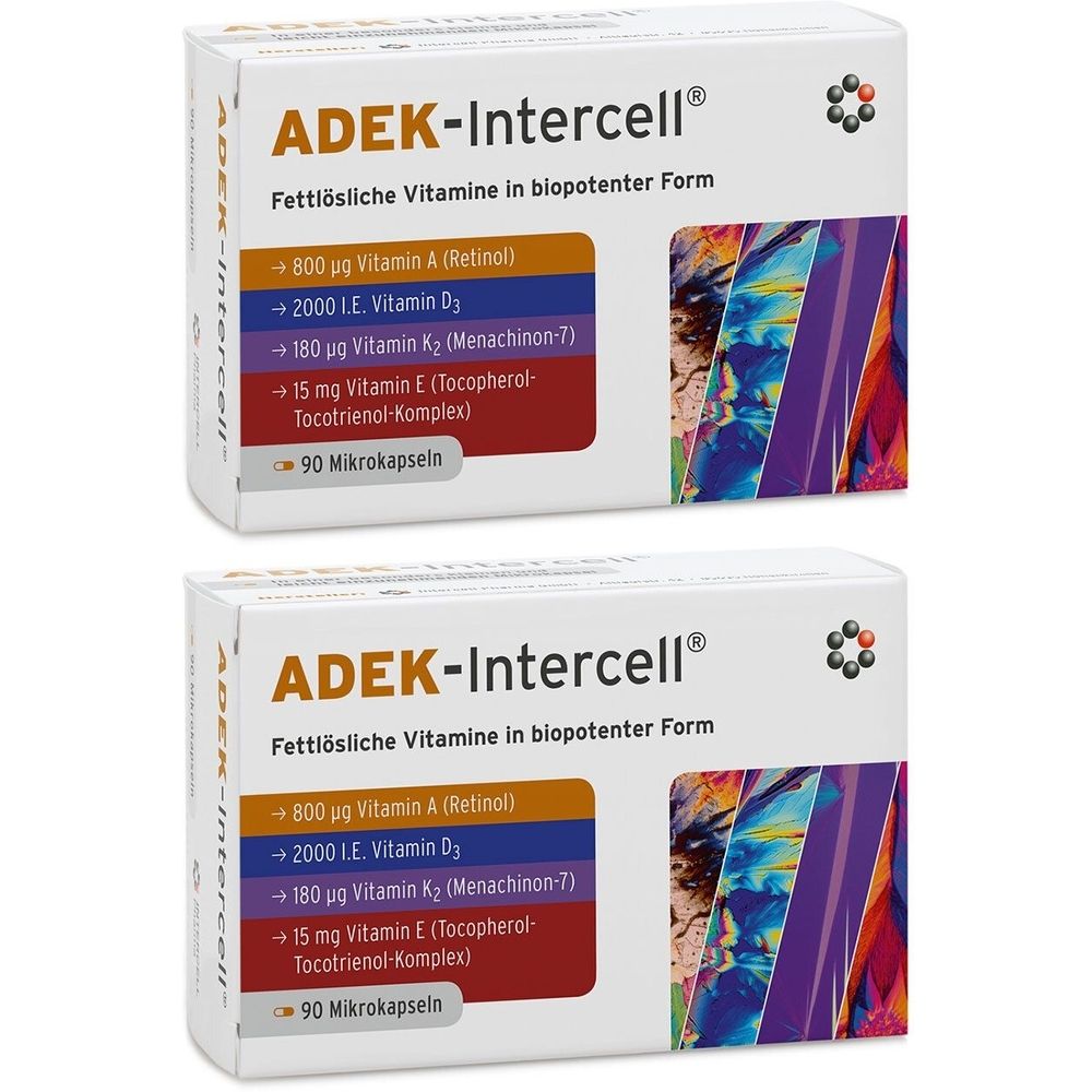 Zwei weiße Schachteln mit der Aufschrift ADEK-Intercell®. Auf der Verpackung sind Informationen zu Vitaminen und 90 Mikrokapseln angegeben.
