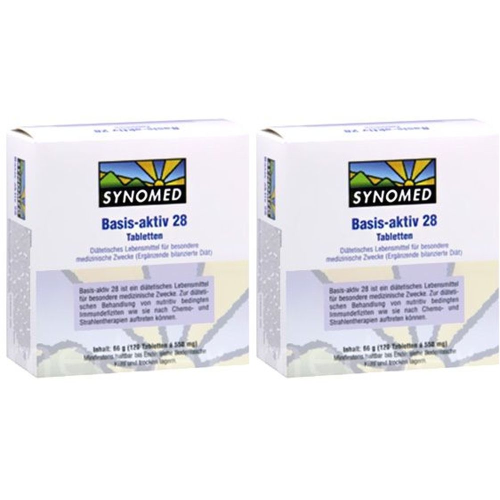 Zwei weiße Schachteln mit dem Logo SYNOMED und der Aufschrift Basis-aktiv 28 Tabletten. Text in deutscher Sprache.
