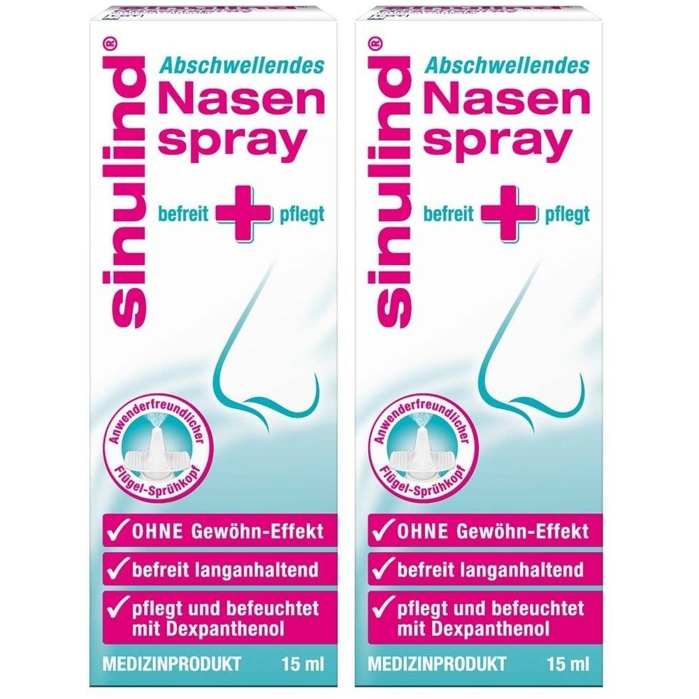 Zwei Packungen Nasenspray. Aufschrift: sinulind, Abschwellendes Nasenspray. Mit Logo und Text: befreit, pflegt. Medizinprodukt.