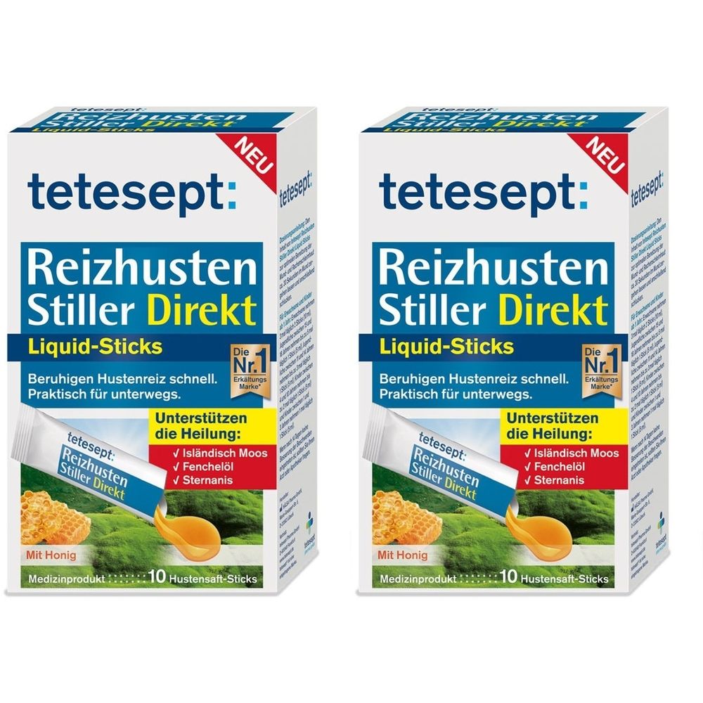 Zwei Packungen tetesept® Reizhusten Stiller Direkt. Weiße Kartons mit blauer Schrift. Enthält Liquid-Sticks. Mit Honig. Aufschrift: Nr. 1.