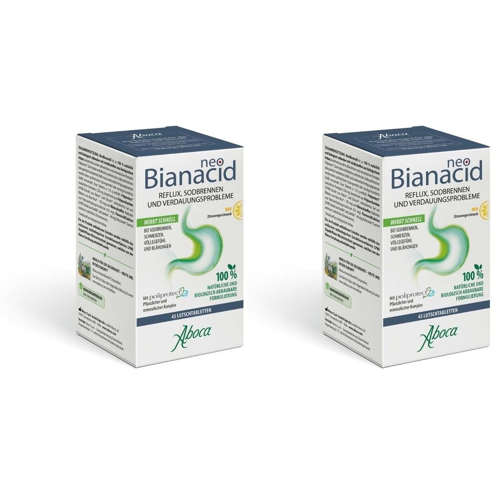 Zwei rechteckige Schachteln mit der Aufschrift "neo Bianacid". Aufdrucke: Reflux, Sodbrennen, Verdauungsprobleme. Aboca-Logo.