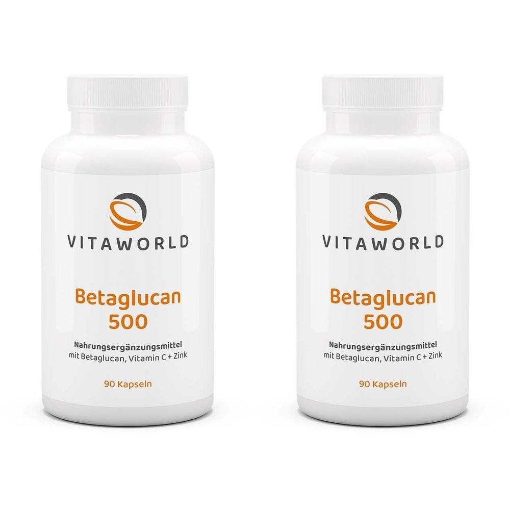 Zwei weiße Flaschen mit Schraubverschluss. Aufschrift: VITAWORLD, Betaglucan 500, Nahrungsergänzungsmittel mit Betaglucan, Vitamin C + Zink, 90 Kapseln.