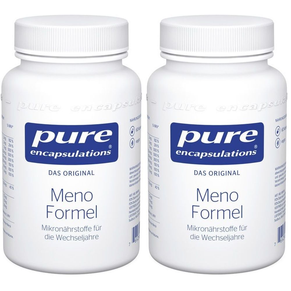 Zwei weiße Flaschen mit blauem Etikett. Aufschrift: Pure Encapsulations, Meno Formel. Mikronährstoffe für die Wechseljahre.