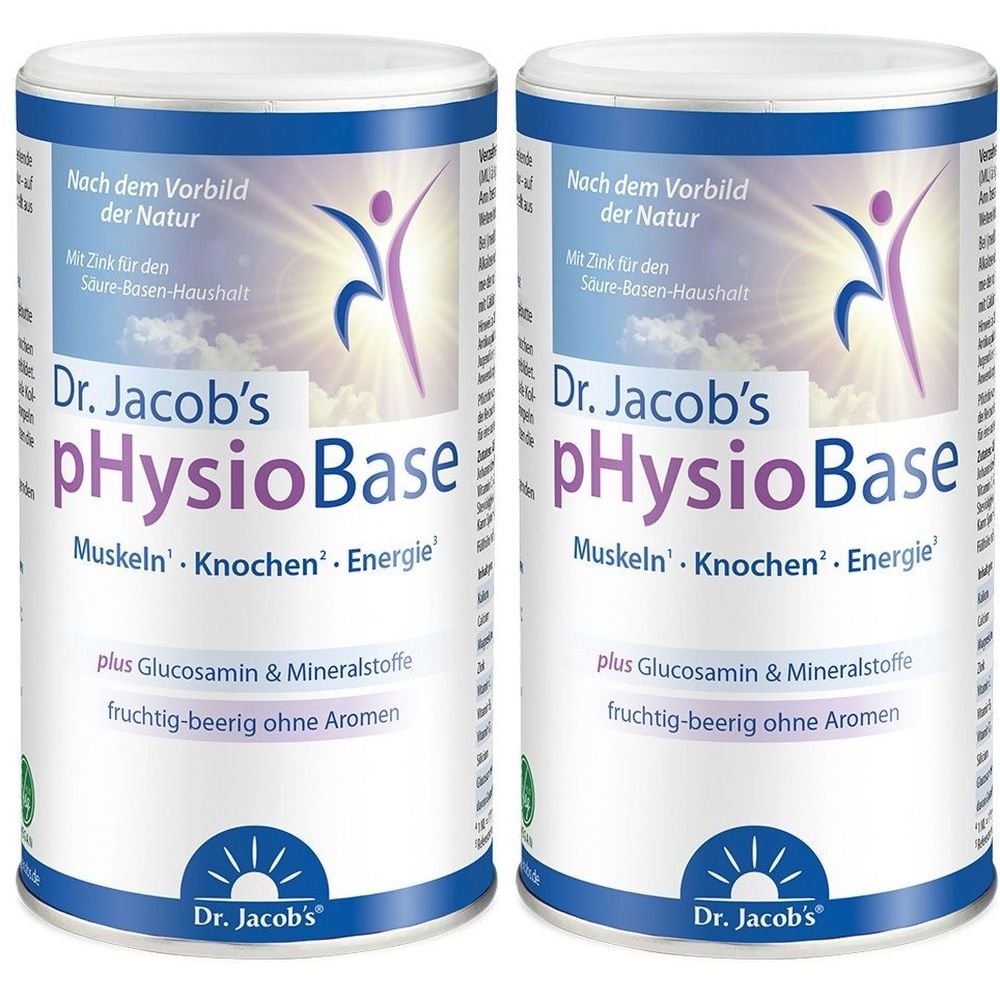 Zwei Dosen Dr. Jacob's pHysioBase. Aufschrift: Muskeln, Knochen, Energie. Plus Glucosamin & Mineralstoffe. Fruchtig-beerig ohne Aromen.