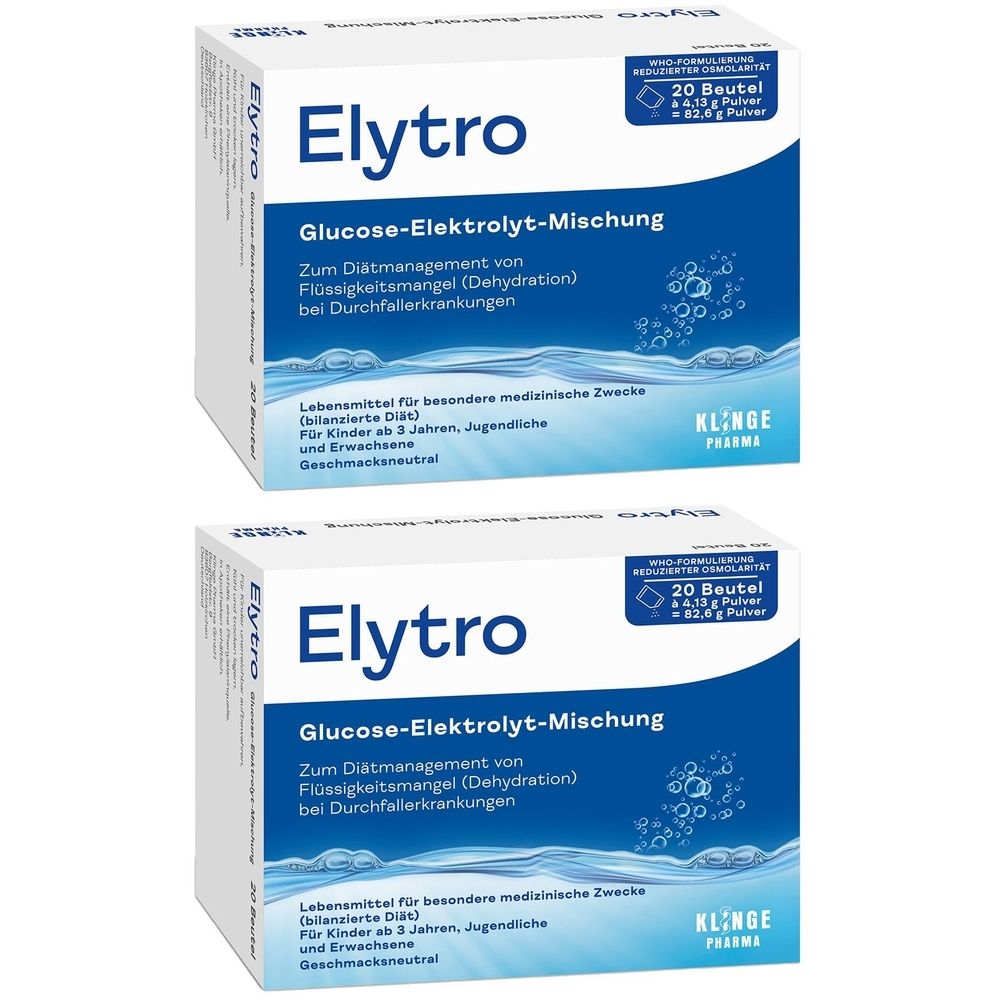 Zwei Kartons Elytro Glucose-Elektrolyt-Mischung. Blaue und weiße Verpackung mit Produktinformationen und Logo. 20 Beutel.