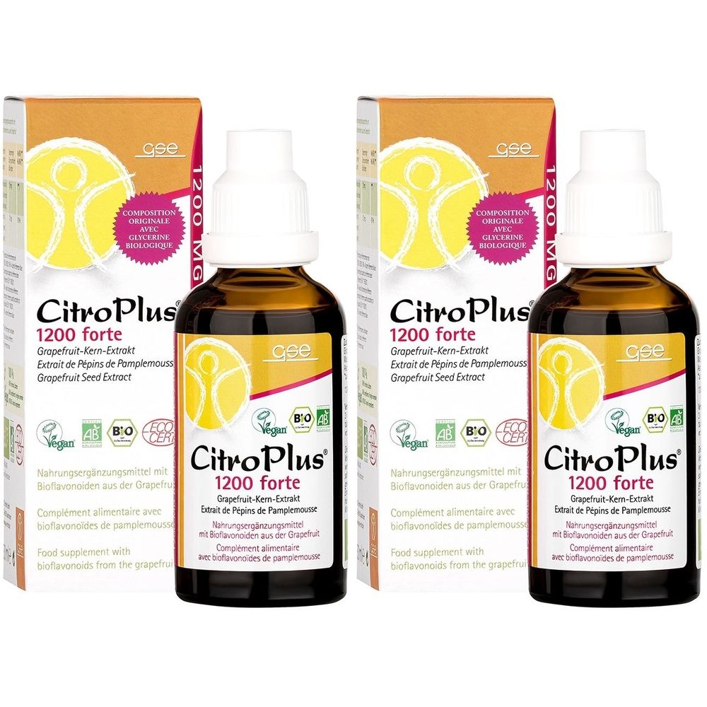 Zwei Flaschen und Verpackungen von CitroPlus 1200 forte. Braune Flaschen mit weißem Deckel. Karton mit gelbem Design und Produktnamen.