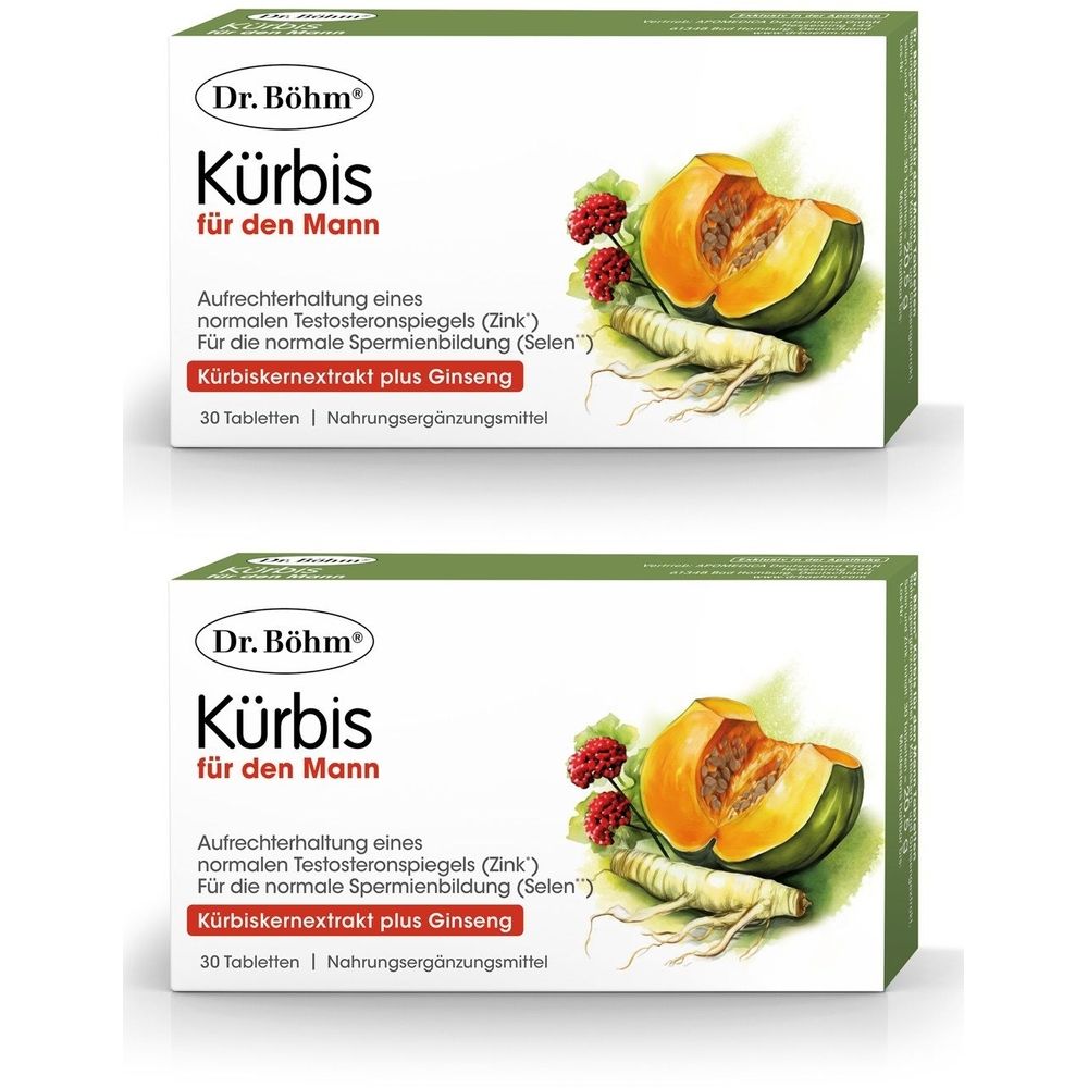 Zwei grüne Schachteln mit "Dr. Böhm Kürbis für den Mann". Aufdruck: Kürbiskernextrakt plus Ginseng. Abbildung: Kürbis, Ginseng.