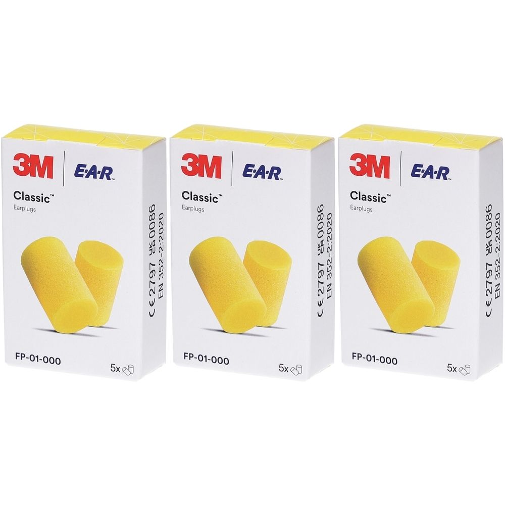 Drei Packungen gelber Gehörschutzstöpsel. Jede Packung zeigt zwei Stöpsel und das Logo von 3M E-A-R Classic. CE-Kennzeichnung.