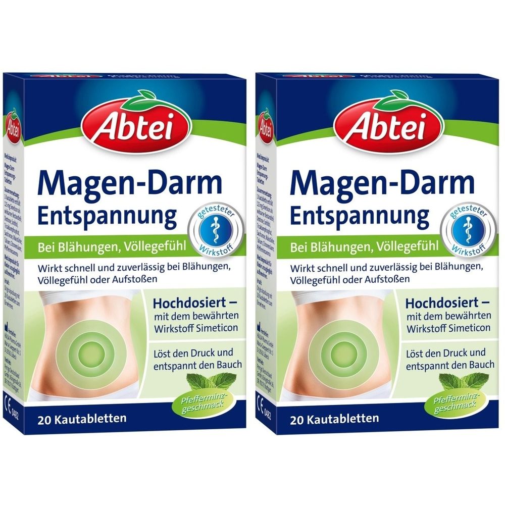 Zwei Schachteln Abtei Magen-Darm Entspannungs-Tabletten. Aufschrift: Magen-Darm Entspannung, Bei Blähungen, Völlegefühl. 20 Kautabletten.